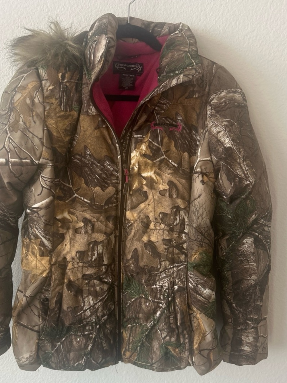 Realtree Kids' Camo Puffer Jacket with Pink Lining and Faux-Fur Hood Trim